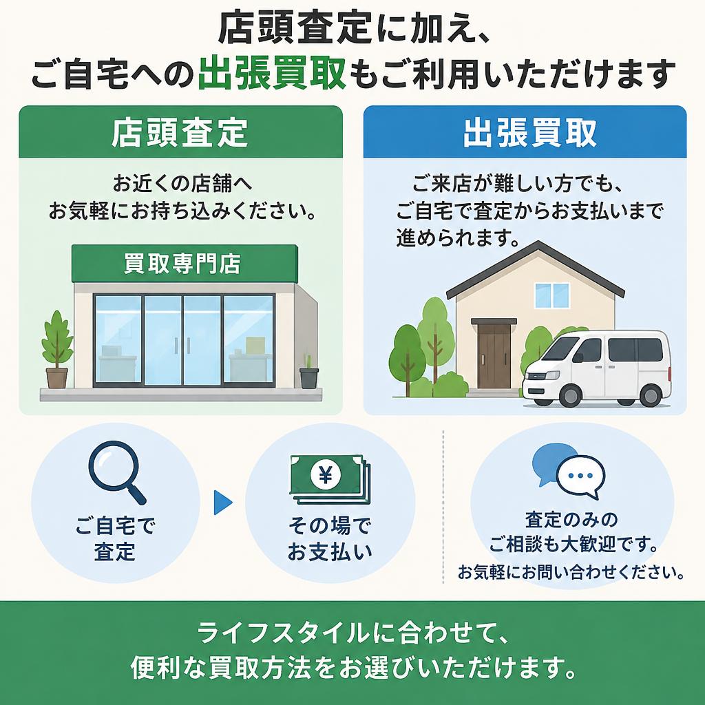 店頭でもご自宅でも。選べる査定方法